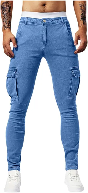 Men's Jeans Pants Fashion Solid Color Multiple Pockets Denim Cargo Trouser Stretch Slim Fit Pleated Trouser