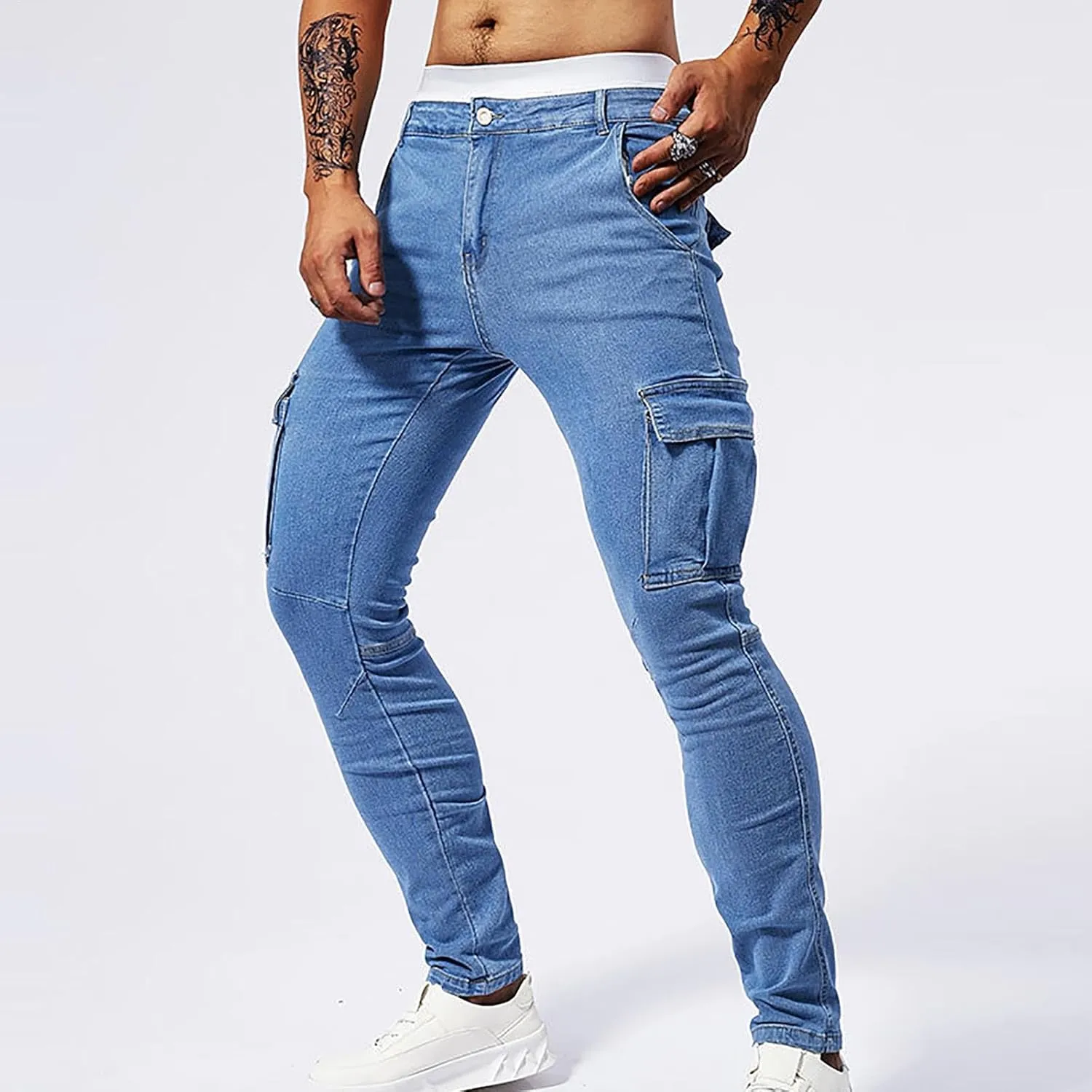 Men's Jeans Pants Fashion Solid Color Multiple Pockets Denim Cargo Trouser Stretch Slim Fit Pleated Trouser
