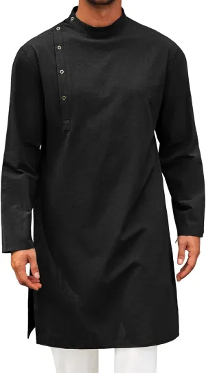 Mens Kaftan Thobe Robe Side Button Down Long Sleeve Cotton Shirts Casual Fashion Simple Muslim Gown Yoga Daily Dress