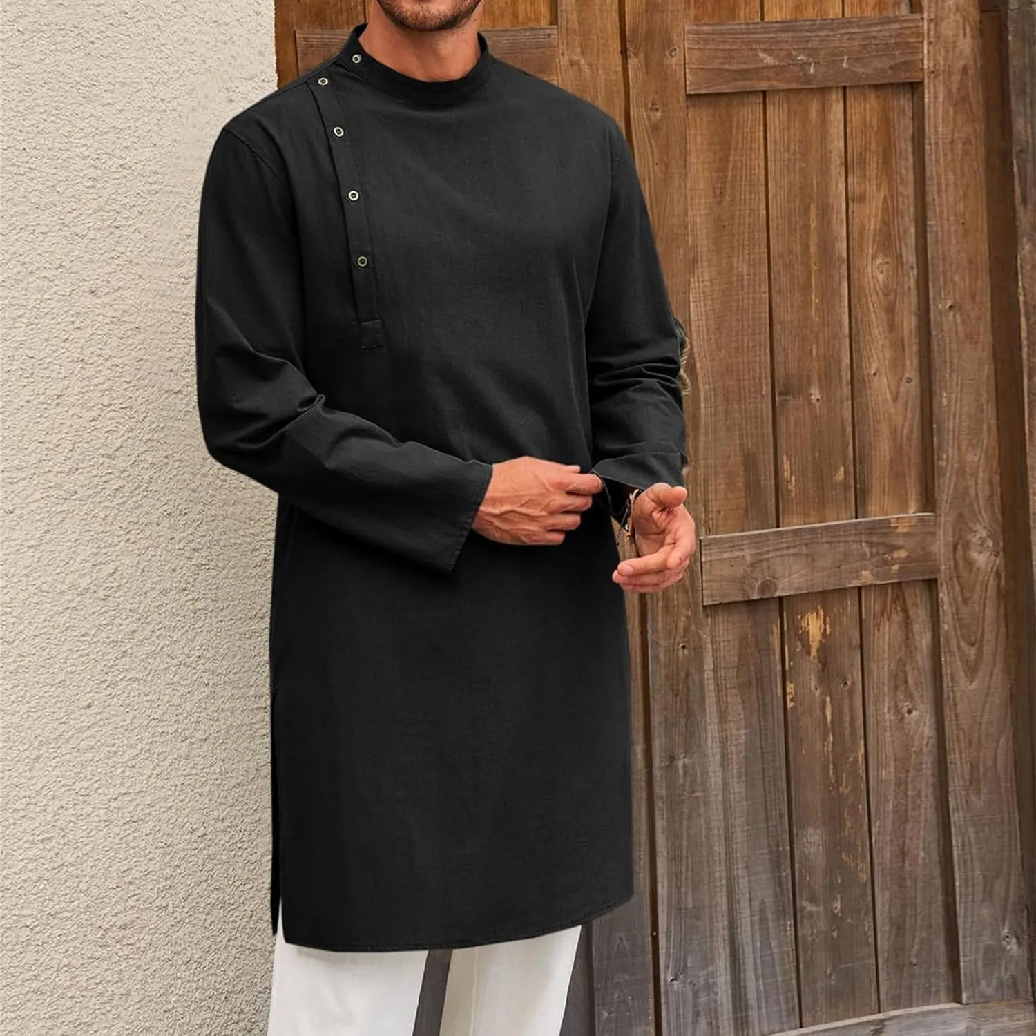 Mens Kaftan Thobe Robe Side Button Down Long Sleeve Cotton Shirts Casual Fashion Simple Muslim Gown Yoga Daily Dress