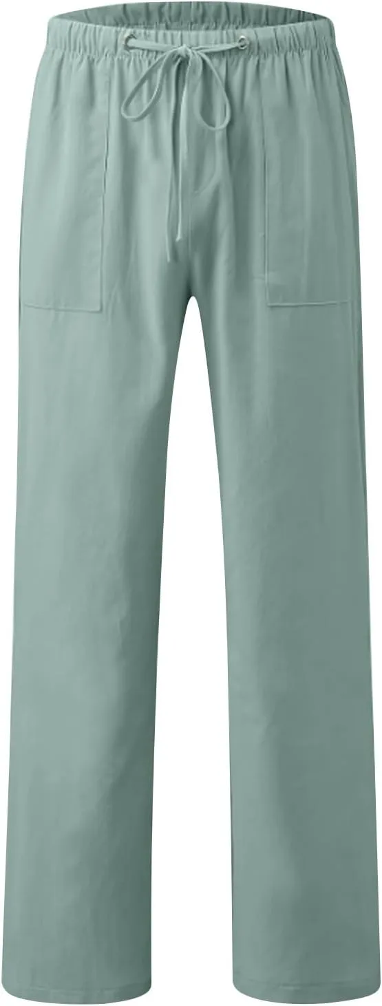 Mens Linen Pants Casual Drawstring Cotton Linen Summer Lightweight Trousers Yoga Lounge Pants