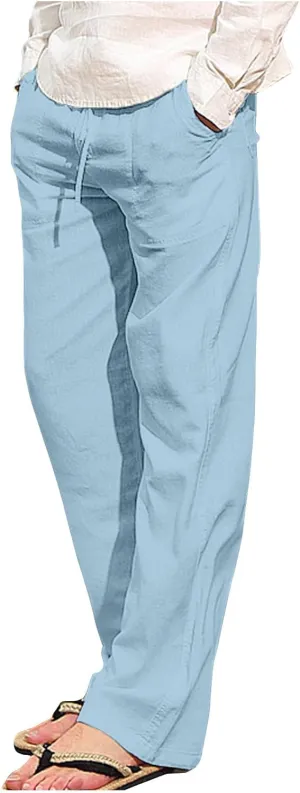 Mens Linen Pants Casual Drawstring Cotton Linen Summer Lightweight Trousers Yoga Lounge Pants