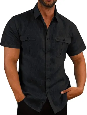 Mens Linen Shirts Short Sleeve Button Down Casual Fishing Shirt Business Dress Clothing Cuban Camp Shirts Summer Tops