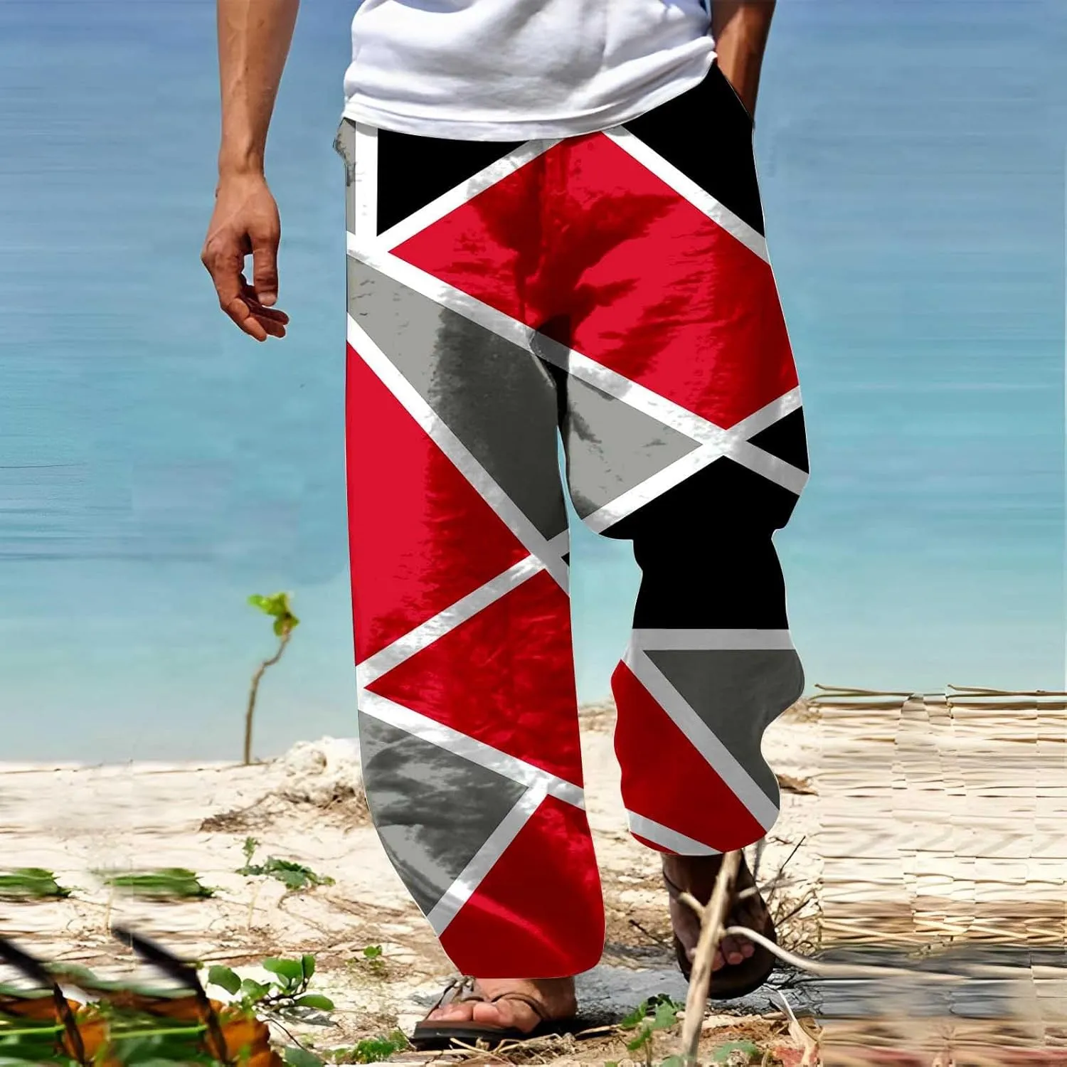 Mens Loose Fit Beach Boho Pants Wide Leg Hippie Harem Pants Elastic Waist Geometric Graphic Yoga Aladdin Trousers