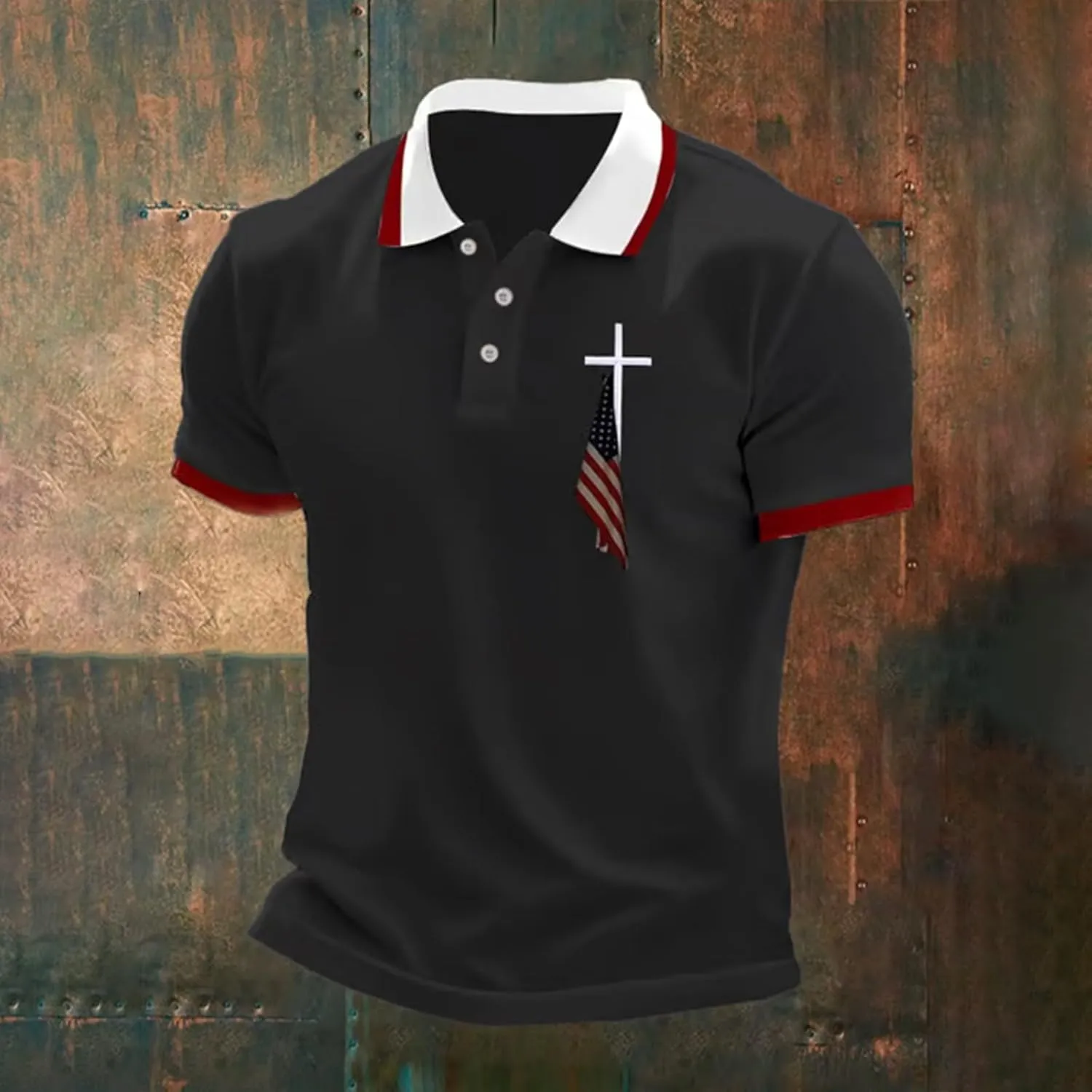 Mens Polo Shirts Short Sleeve Faith Cross Printed Casual Striped Matching Color Slim Fit Shirts Lightweight Tops