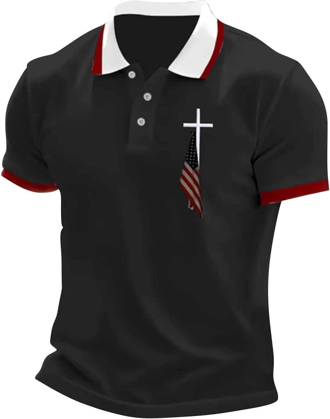Mens Polo Shirts Short Sleeve Faith Cross Printed Casual Striped Matching Color Slim Fit Shirts Lightweight Tops
