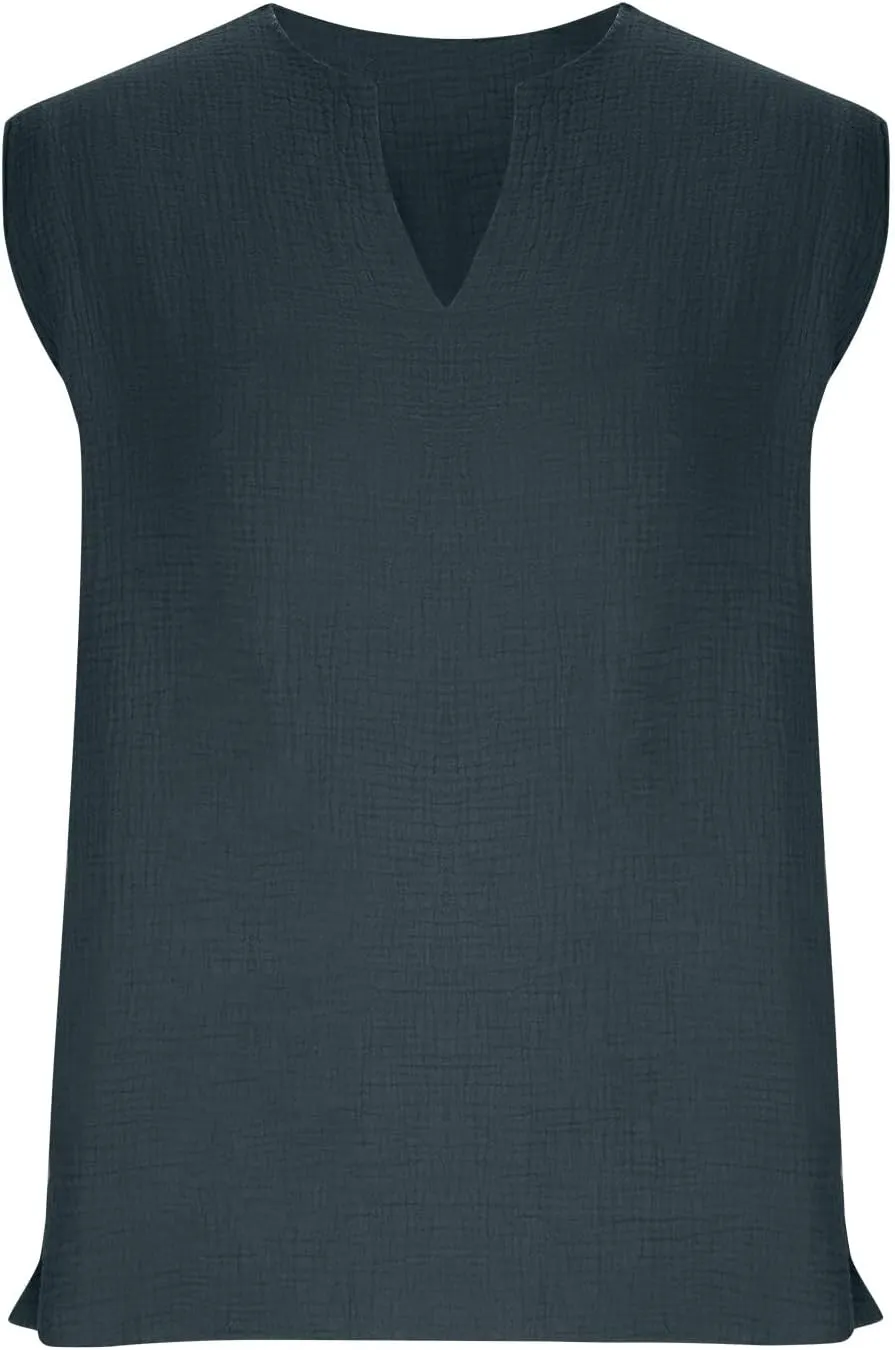 Men's Raw Edge Cotton Linen Tank Tops Casual Loose Vintage Sleeveless V-Neck T-Shirts Summer Hippie Beach Shirts