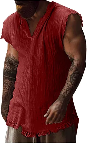 Men's Raw Edge Cotton Linen Tank Tops Casual Loose Vintage Sleeveless V-Neck T-Shirts Summer Hippie Beach Shirts