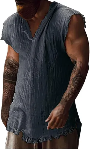 Men's Raw Edge Cotton Linen Tank Tops Casual Loose Vintage Sleeveless V-Neck T-Shirts Summer Hippie Beach Shirts