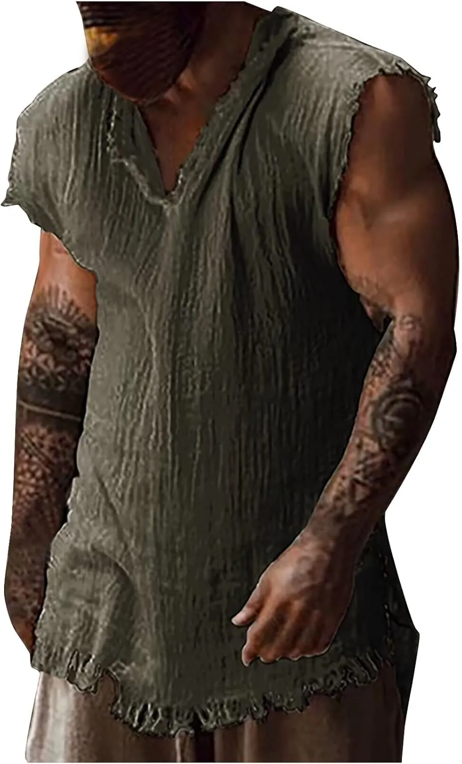 Men's Raw Edge Cotton Linen Tank Tops Casual Loose Vintage Sleeveless V-Neck T-Shirts Summer Hippie Beach Shirts