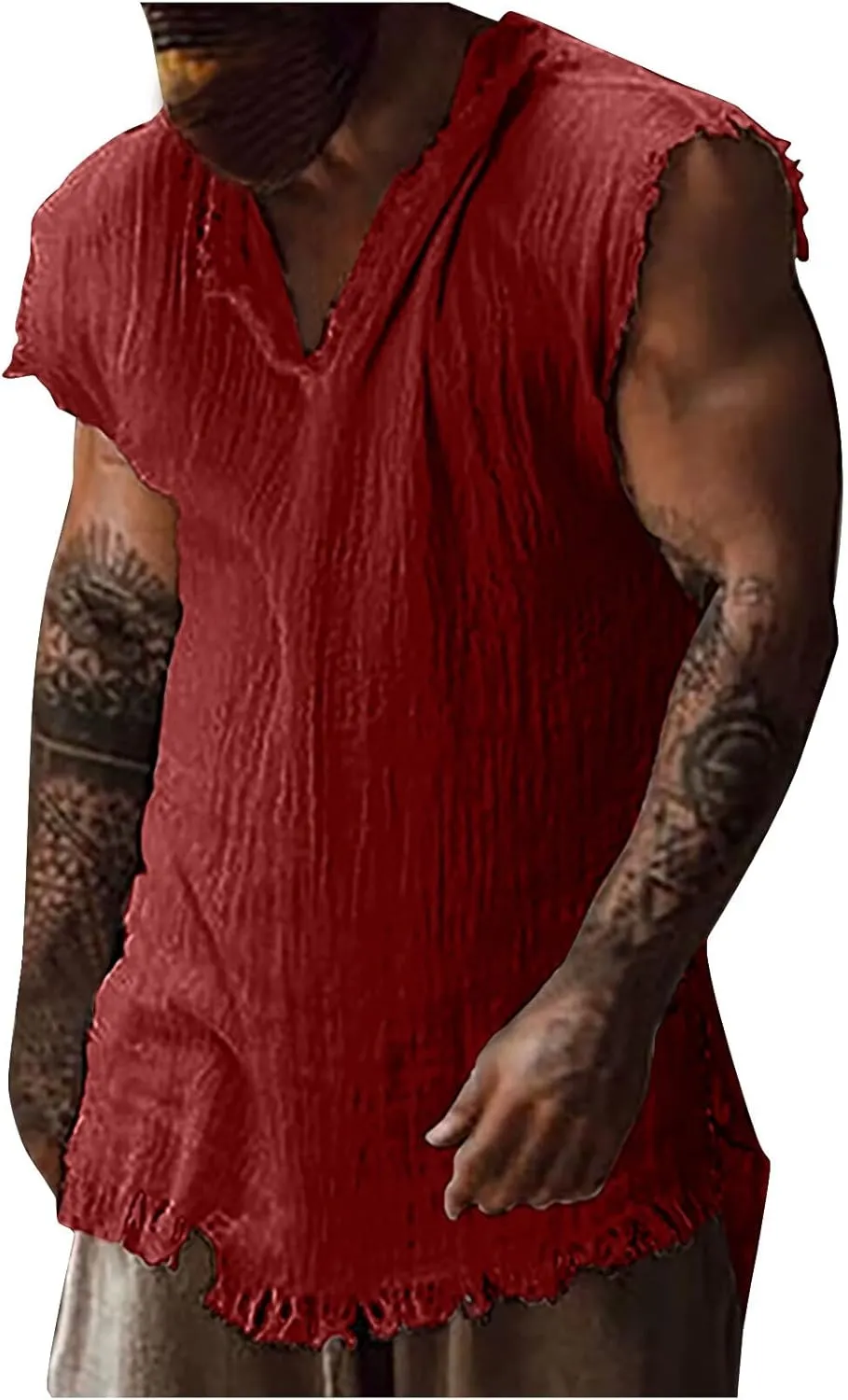 Men's Raw Edge Cotton Linen Tank Tops Casual Loose Vintage Sleeveless V-Neck T-Shirts Summer Hippie Beach Shirts
