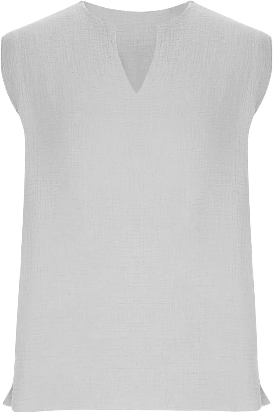 Men's Raw Edge Cotton Linen Tank Tops Casual Loose Vintage Sleeveless V-Neck T-Shirts Summer Hippie Beach Shirts