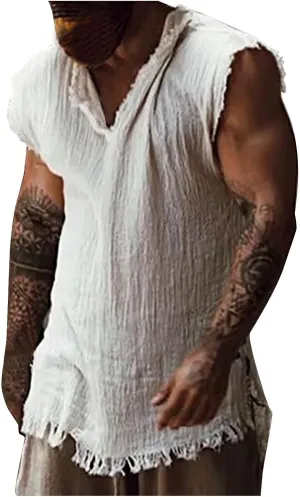 Men's Raw Edge Cotton Linen Tank Tops Casual Loose Vintage Sleeveless V-Neck T-Shirts Summer Hippie Beach Shirts