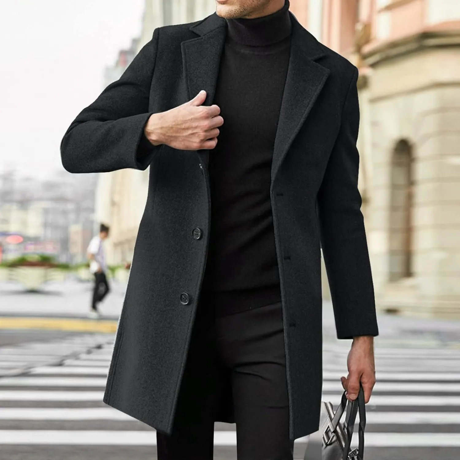 Mens Regular Fit Notched Lapel Trench Coats Big and Tall Single Breasted Pea Coats Warm Windproof Business Overcoats