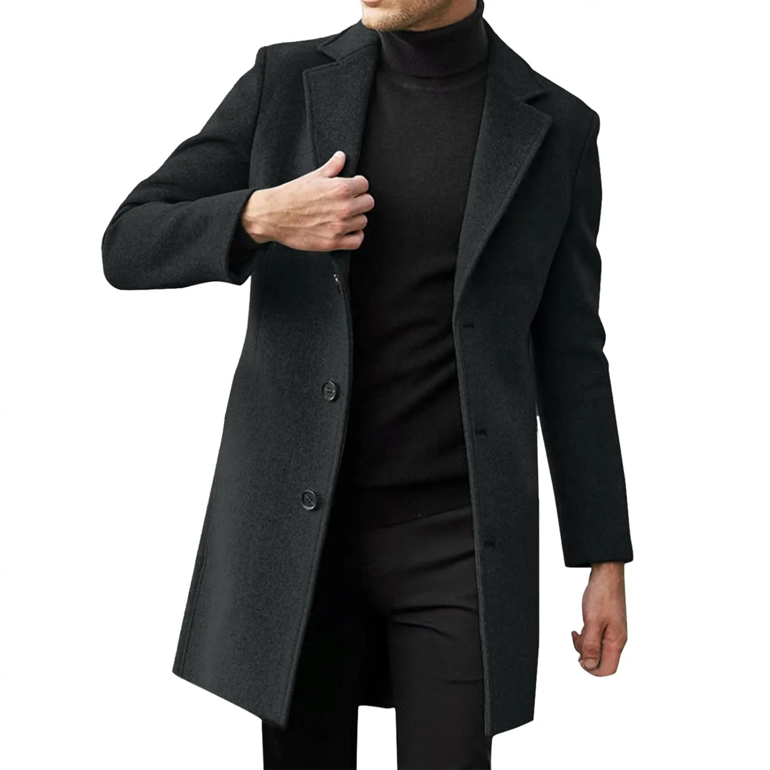Mens Regular Fit Notched Lapel Trench Coats Big and Tall Single Breasted Pea Coats Warm Windproof Business Overcoats