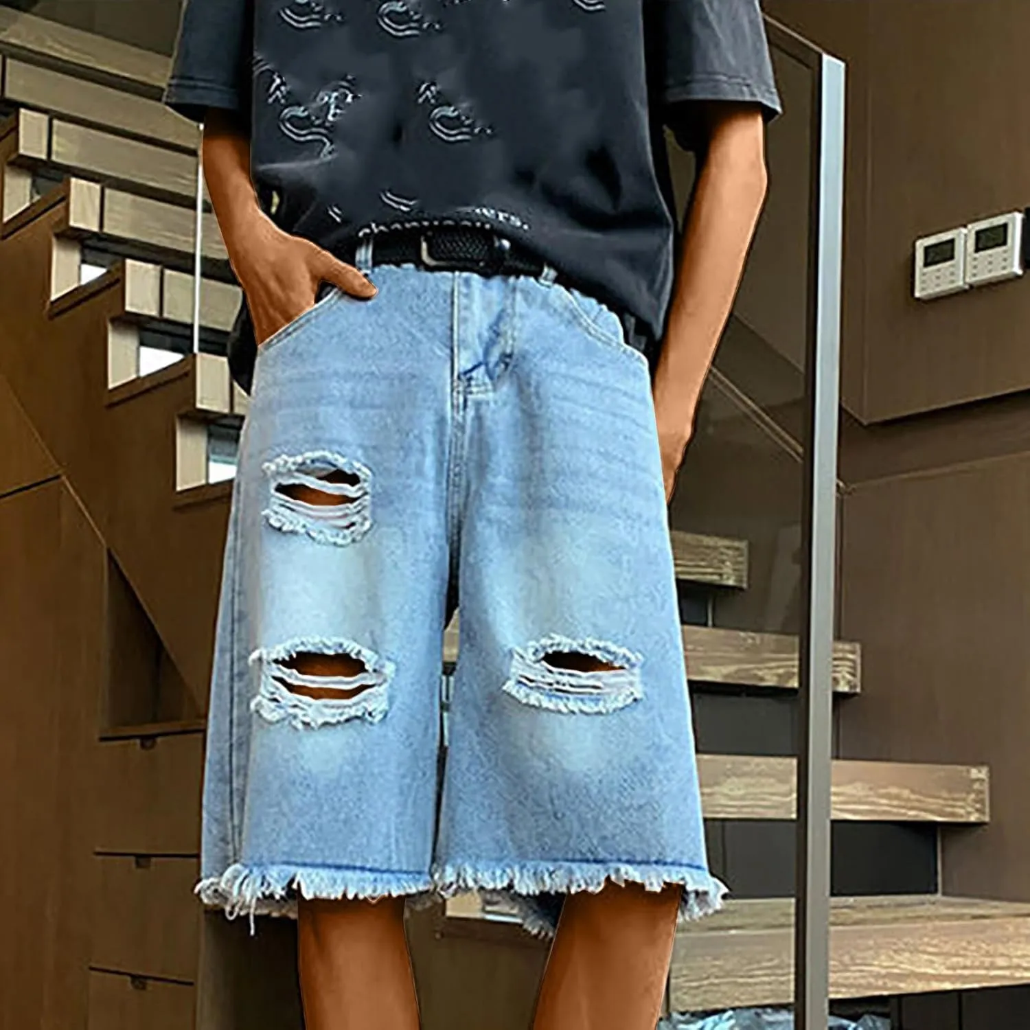 Mens Ripped Denim Shorts Men's Short Jeans Denim Shorts Summer Half Pants Cargo Knee Length Hotpants