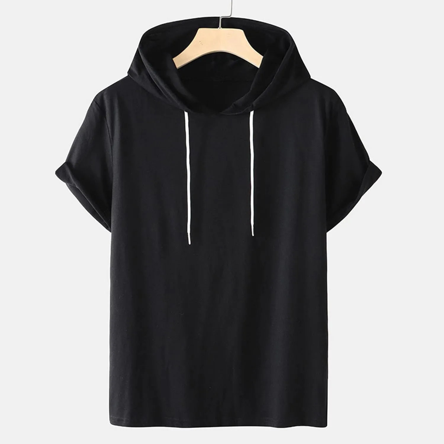 Mens Short Sleeve Hoodie Plus Size Sweatshirts Casual Solid Drawstring Pullover Fashion Sports Workout Hoodie T-Shirt