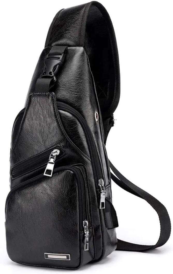 Men's Sling Bag, Business Leather Shoulder Backpacks Campus Travel Crossbody Bag with USB Charging Port