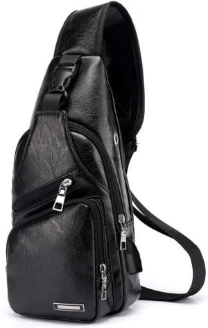 Men's Sling Bag, Business Leather Shoulder Backpacks Campus Travel Crossbody Bag with USB Charging Port