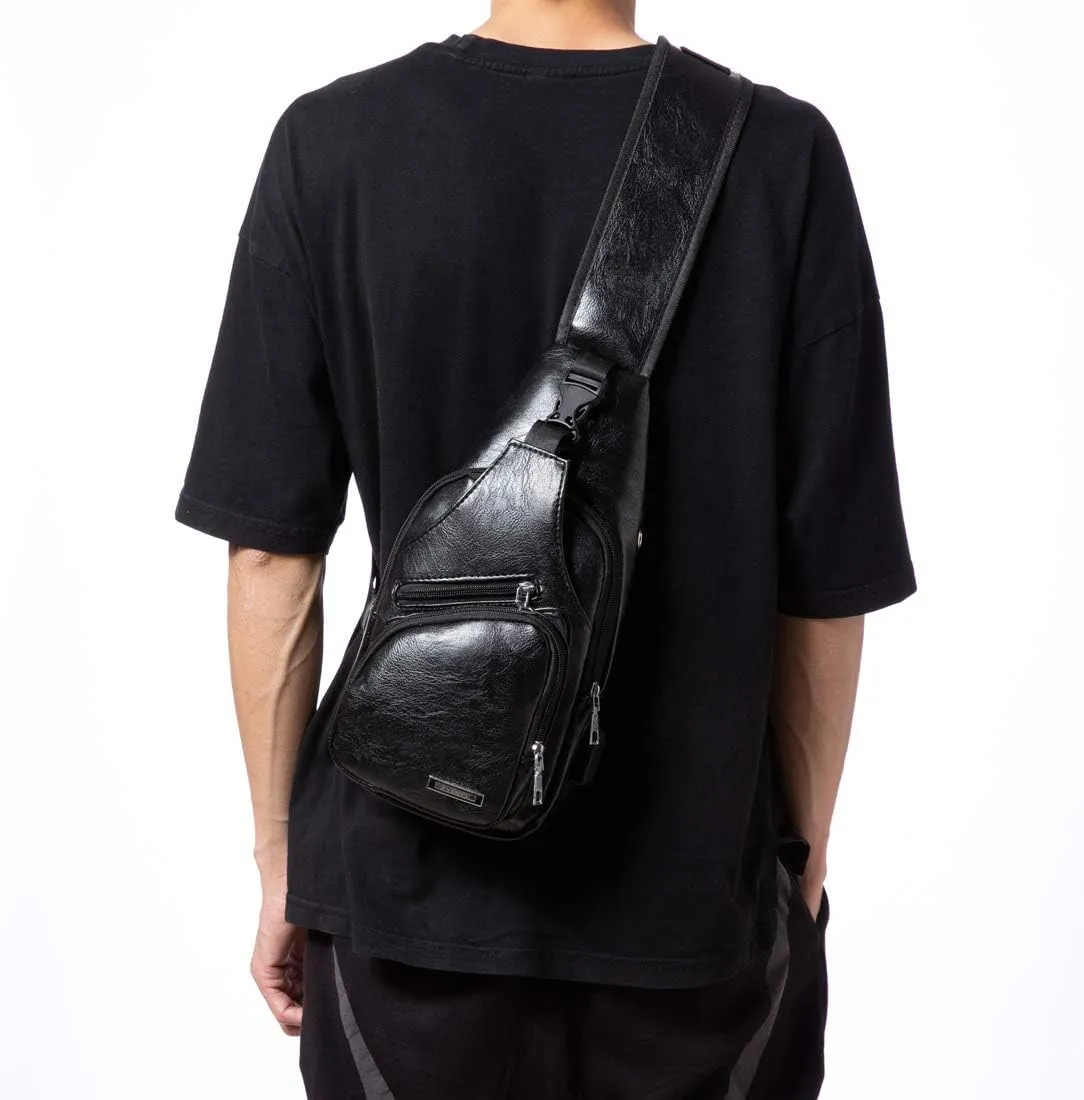 Men's Sling Bag, Business Leather Shoulder Backpacks Campus Travel Crossbody Bag with USB Charging Port