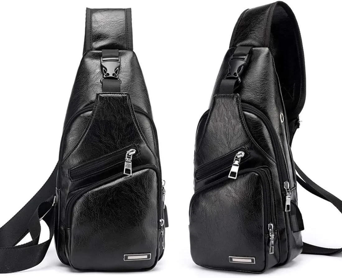 Men's Sling Bag, Business Leather Shoulder Backpacks Campus Travel Crossbody Bag with USB Charging Port