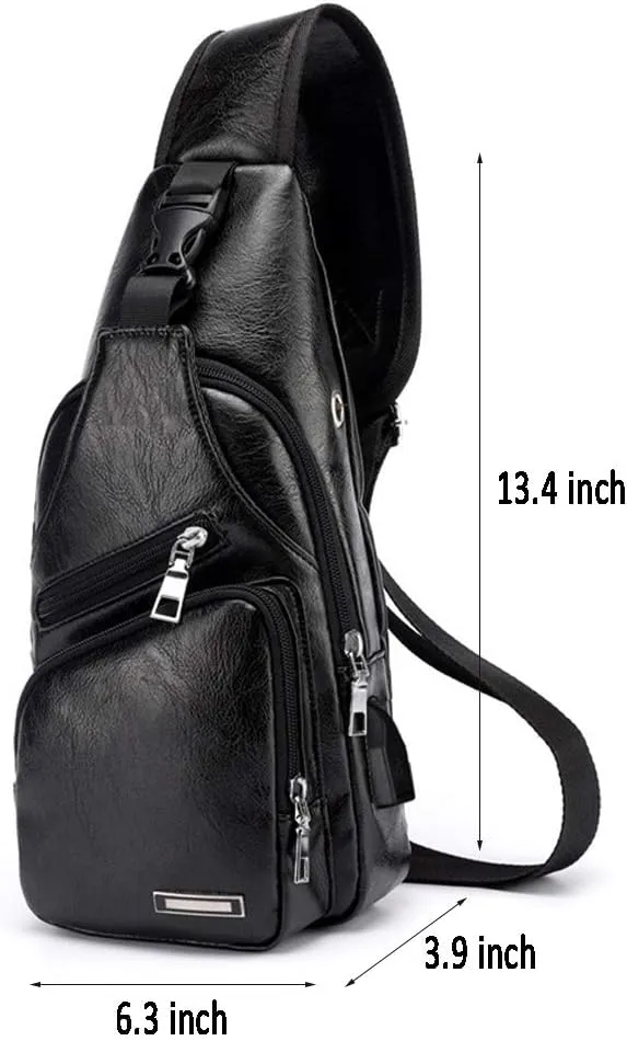 Men's Sling Bag, Business Leather Shoulder Backpacks Campus Travel Crossbody Bag with USB Charging Port