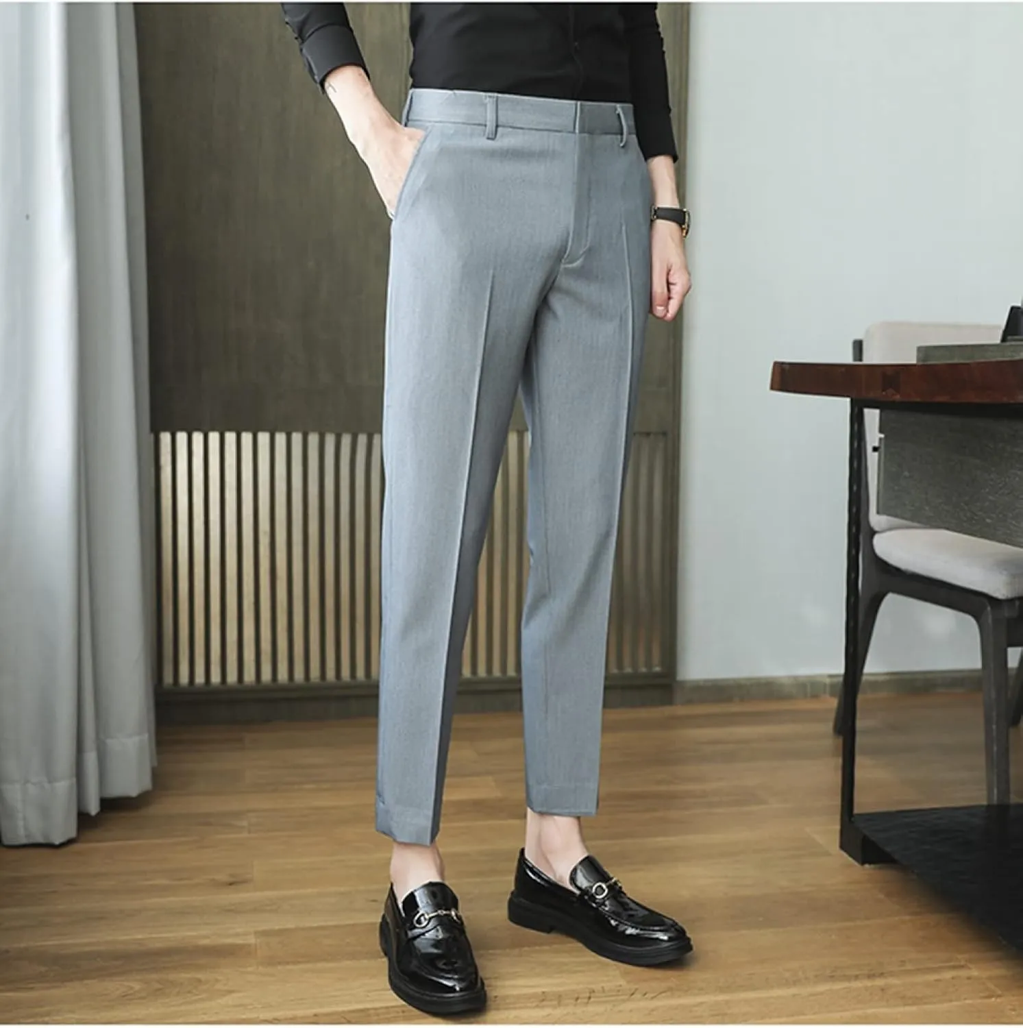 Men's Solid Color Slim Fit Flat Front Dress Pants, Formal Trousers Business Suit Pants Tapered Chino Pants