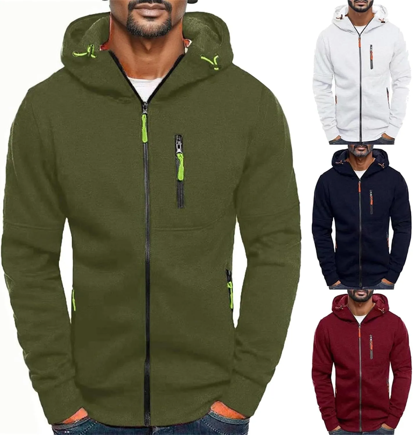 Men's Sports Casual Full Zipper Long-Sleeved Hooded Sweater with Pockets Jogging Track Gym Training Hoodie