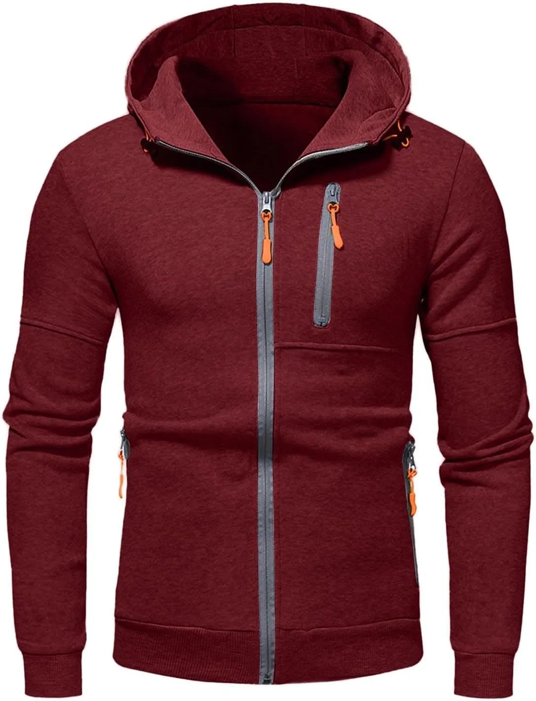 Men's Sports Casual Full Zipper Long-Sleeved Hooded Sweater with Pockets Jogging Track Gym Training Hoodie