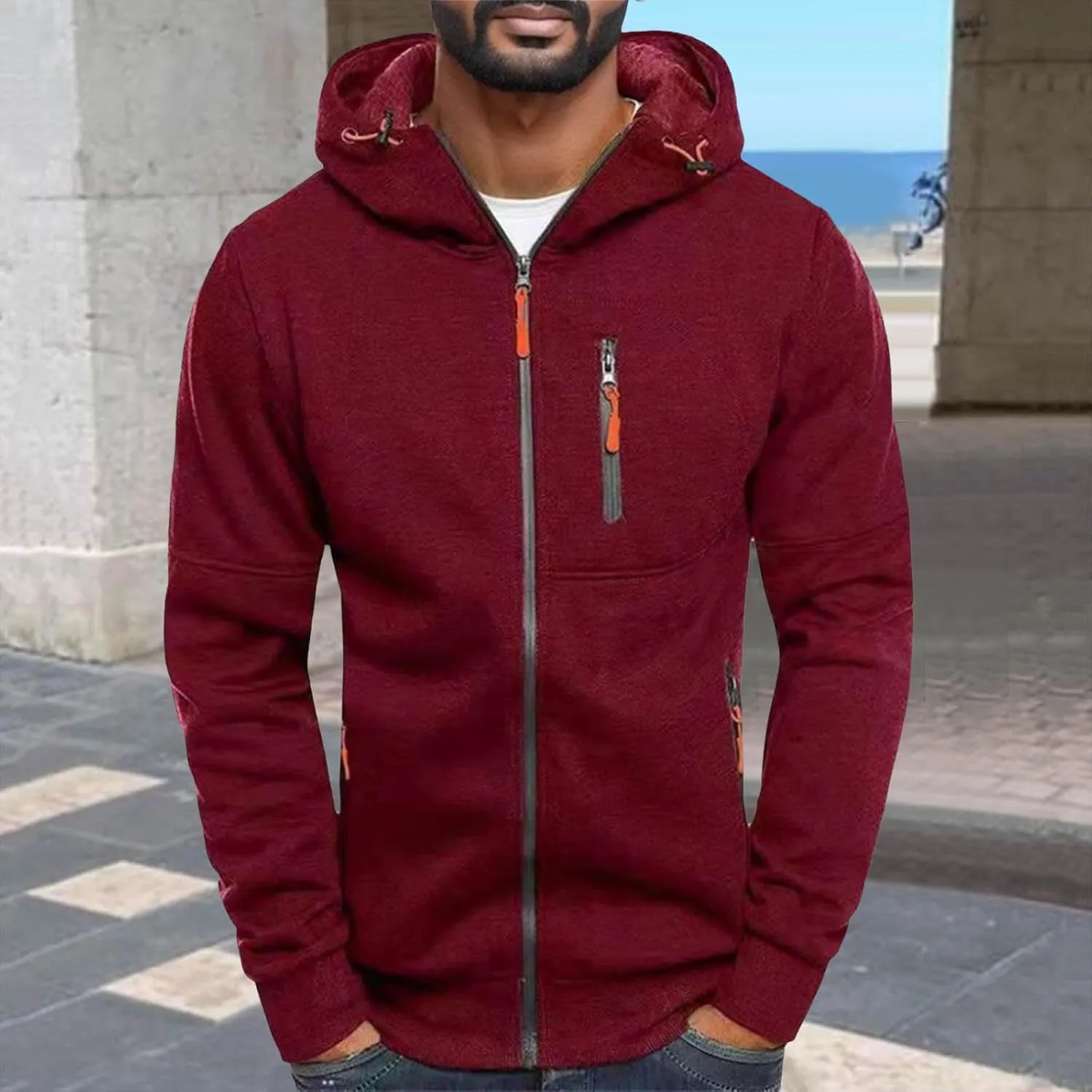 Men's Sports Casual Full Zipper Long-Sleeved Hooded Sweater with Pockets Jogging Track Gym Training Hoodie