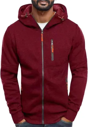 Men's Sports Casual Full Zipper Long-Sleeved Hooded Sweater with Pockets Jogging Track Gym Training Hoodie