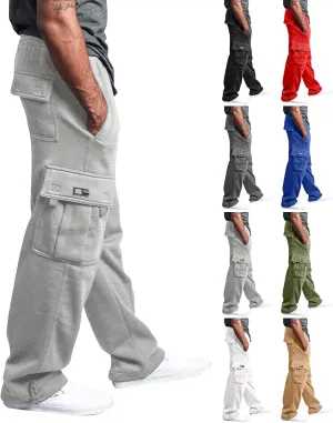 Mens Sweatpants Open Bottom Baggy Straight Leg Cargo Pants with Pockets Plus Size Casual Comfy Elastic Waist Joggers
