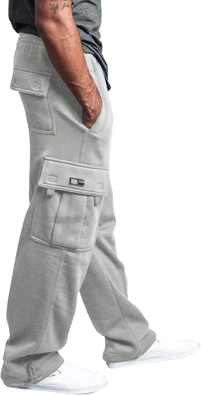 Mens Sweatpants Open Bottom Baggy Straight Leg Cargo Pants with Pockets Plus Size Casual Comfy Elastic Waist Joggers