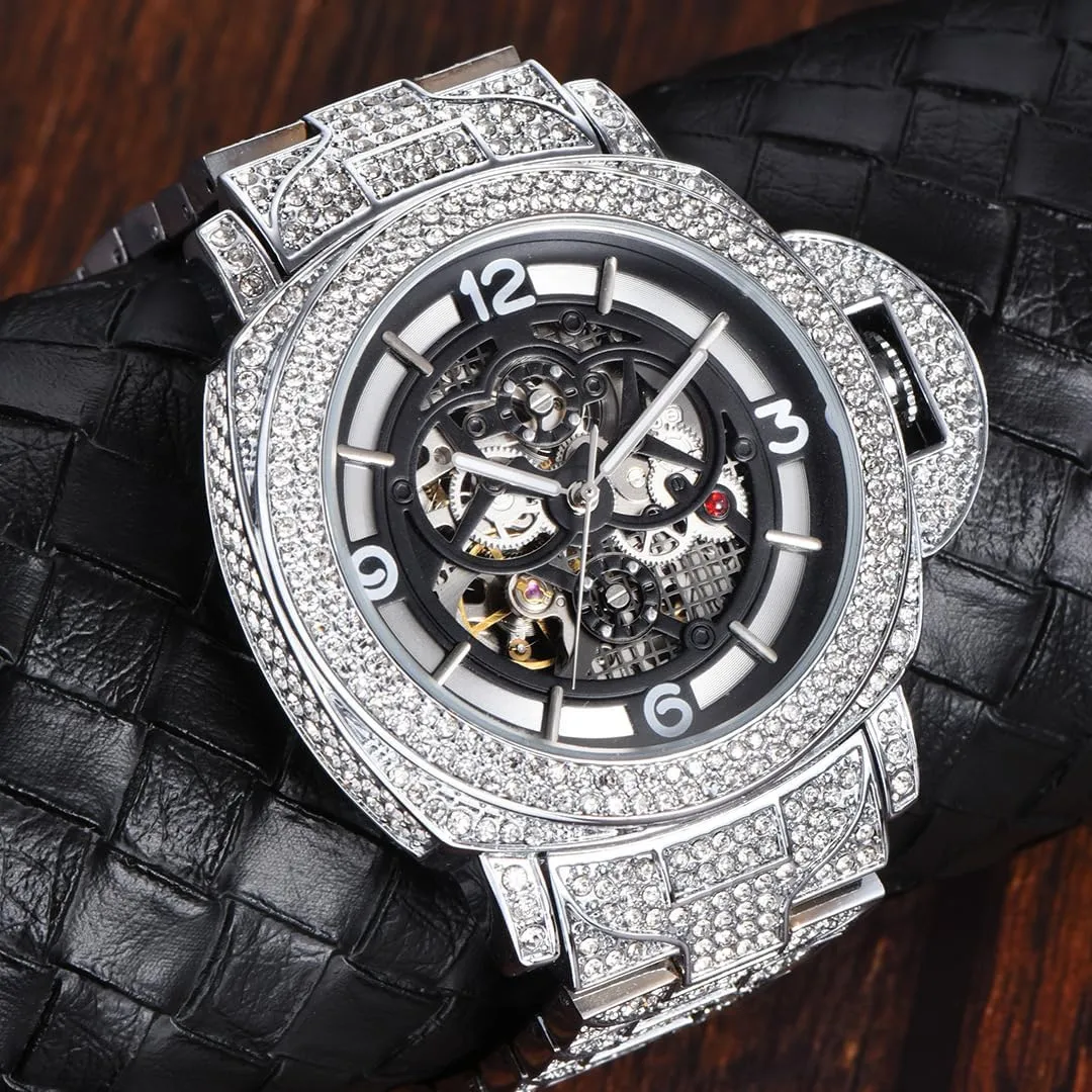 Mens Watches Automatic Mechanical Rhinestone Luxury Self Winding Wrist Watches Waterproof Luminous Relojes De Hombre