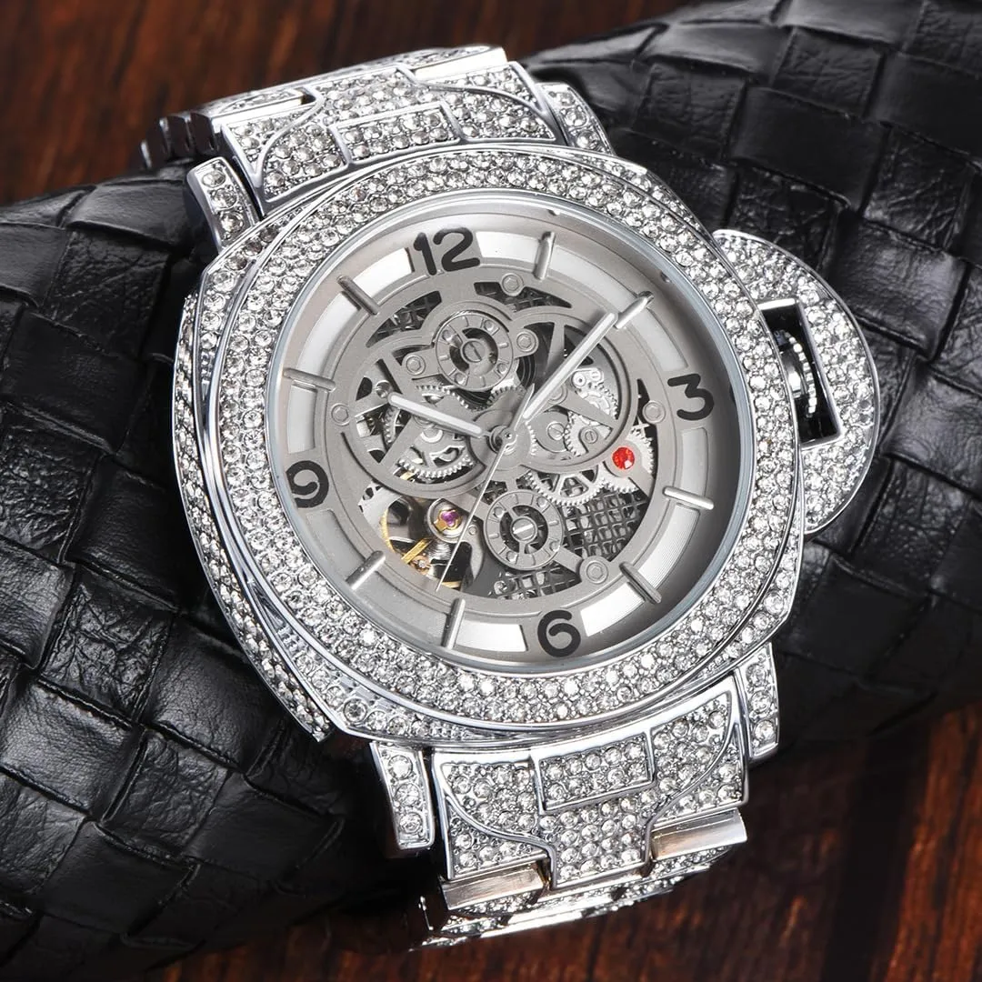 Mens Watches Automatic Mechanical Rhinestone Luxury Self Winding Wrist Watches Waterproof Luminous Relojes De Hombre