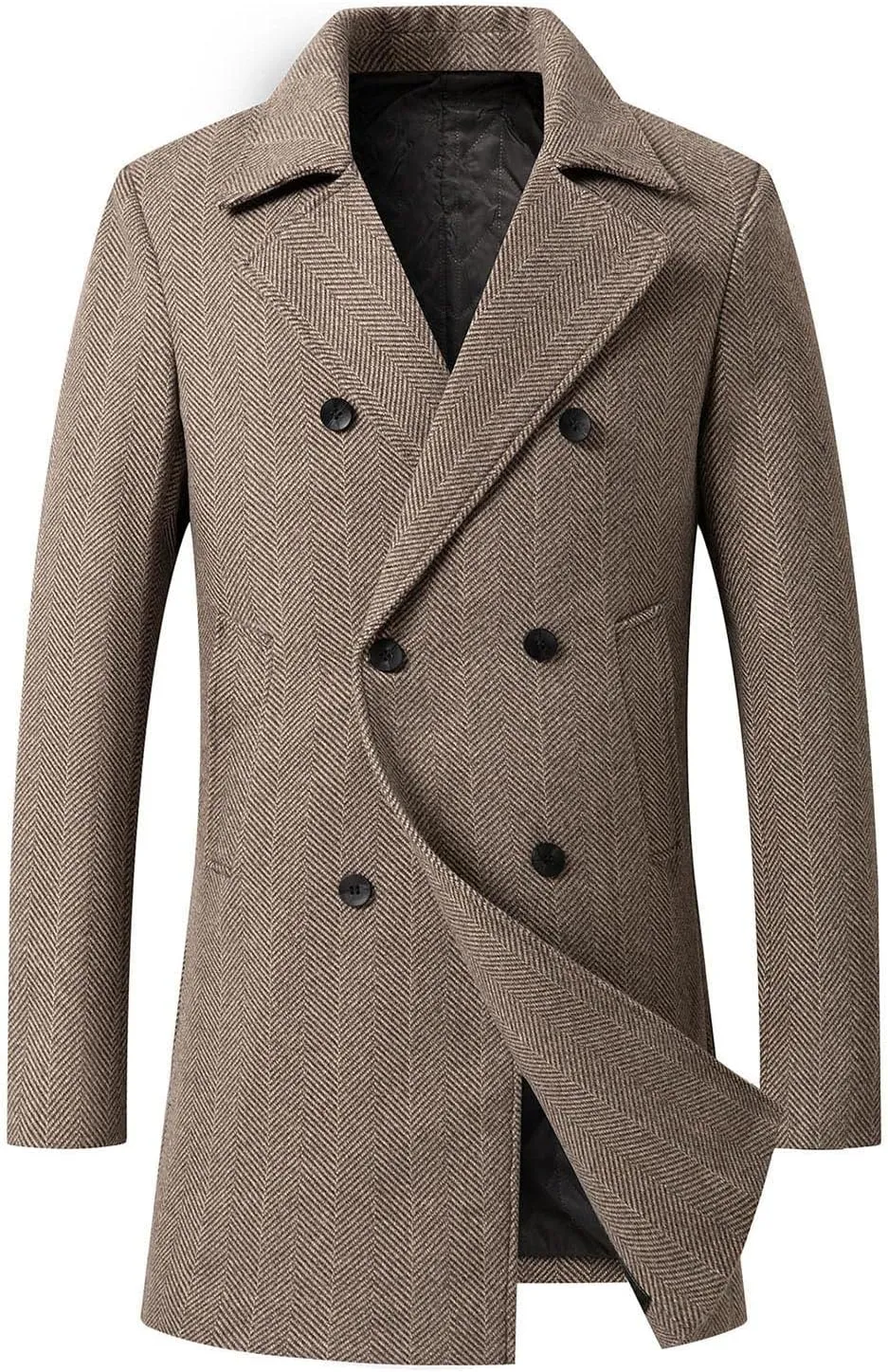 Men's Winter Mid Length Coats Business Woolen Coats Trench Coat Windproof Notch Lapel Double Breasted Coats Jackets