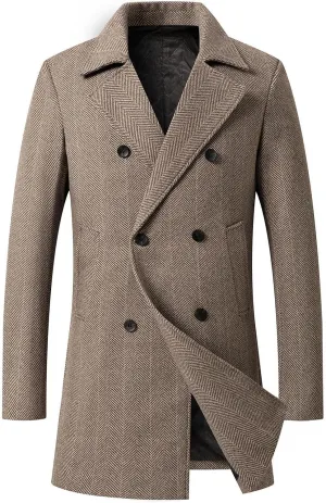 Men's Winter Mid Length Coats Business Woolen Coats Trench Coat Windproof Notch Lapel Double Breasted Coats Jackets