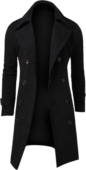 Men's Wool Blend Coat Notched Lapel Collar Single Double Breasted Trench Overcoat Warm Winter Pea Coat