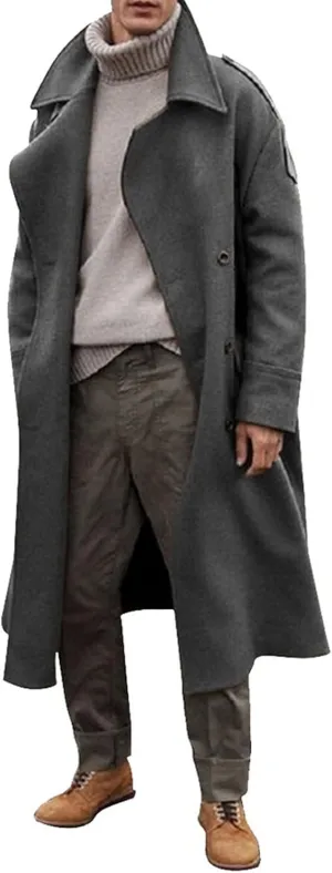 Men's Wool Blend Single Breasted Long Pea Coat Long Trench Coat Casual Cotton Blend Peacoat