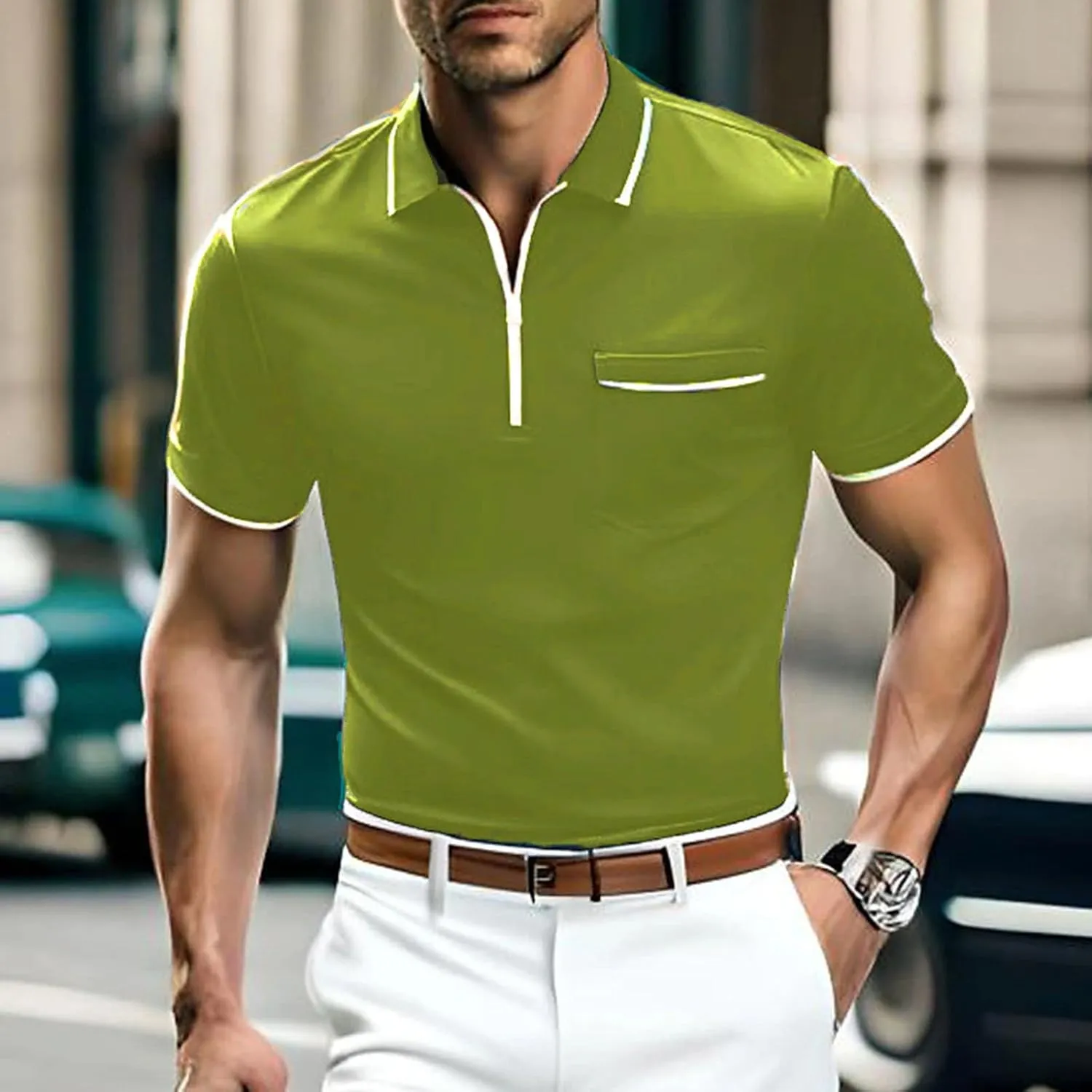 Mens Zipper Polo Shirts Casual Shirts Short Sleeve,Stretch Slim Fit Golf Shirts,Soft Pullover Lightweight Summer Top