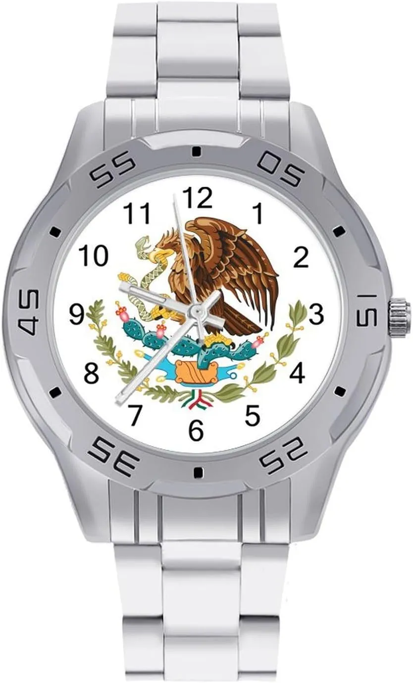 Mexico Coat of Arms Ea-gles Men's Business Watch Fashion Stainless Steel Wristwatches Custom Easy Read Watches for Women