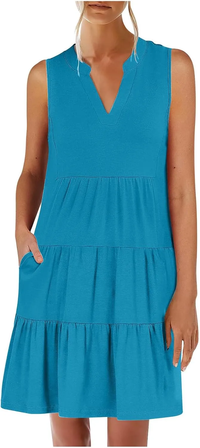 Midi Dress for Women Sleeveless V Neck Tiered Summer Dresses Flowy Swing Sundress Boho Beach Vacation Dress