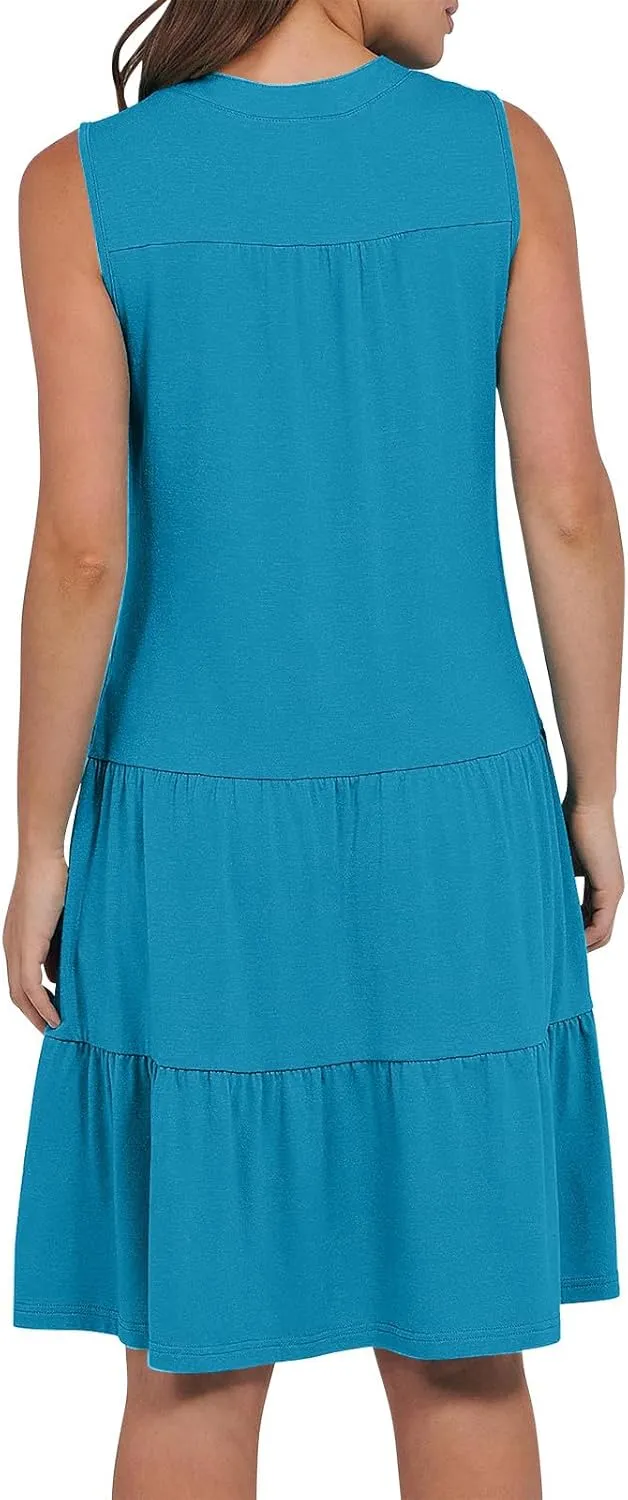 Midi Dress for Women Sleeveless V Neck Tiered Summer Dresses Flowy Swing Sundress Boho Beach Vacation Dress
