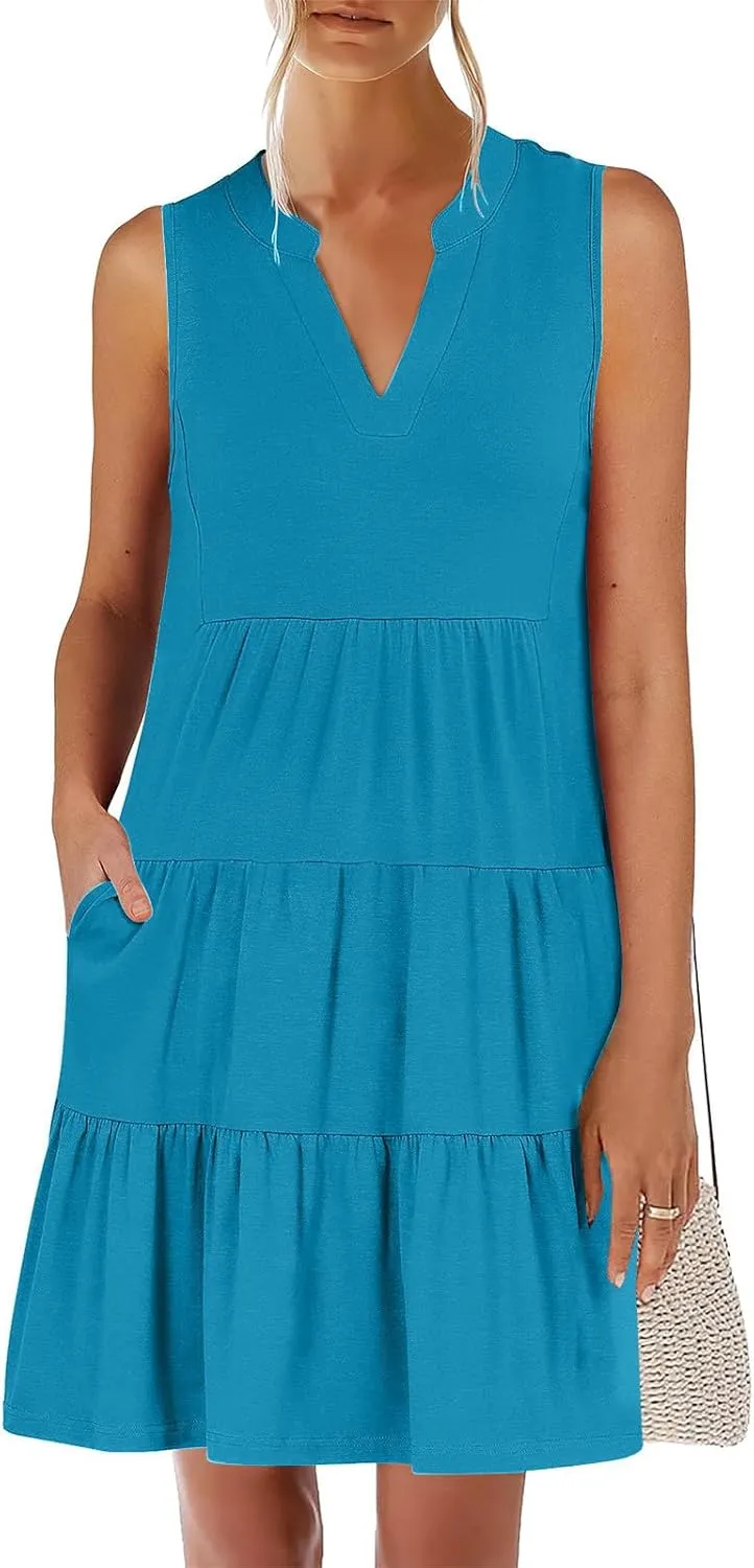 Midi Dress for Women Sleeveless V Neck Tiered Summer Dresses Flowy Swing Sundress Boho Beach Vacation Dress