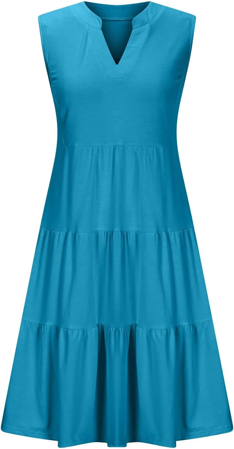 Midi Dress for Women Sleeveless V Neck Tiered Summer Dresses Flowy Swing Sundress Boho Beach Vacation Dress