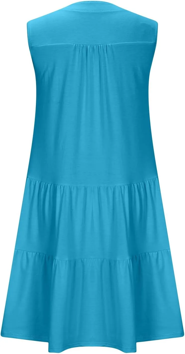 Midi Dress for Women Sleeveless V Neck Tiered Summer Dresses Flowy Swing Sundress Boho Beach Vacation Dress