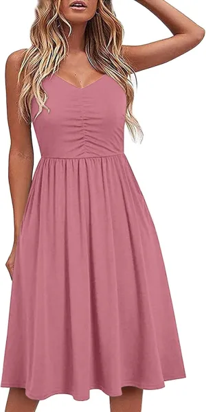Midi Dresses for Women 2025 Summer Sleeveless V Neck Spaghetti Strap Beach Dress Casual Loose Swing Cute Sundresses