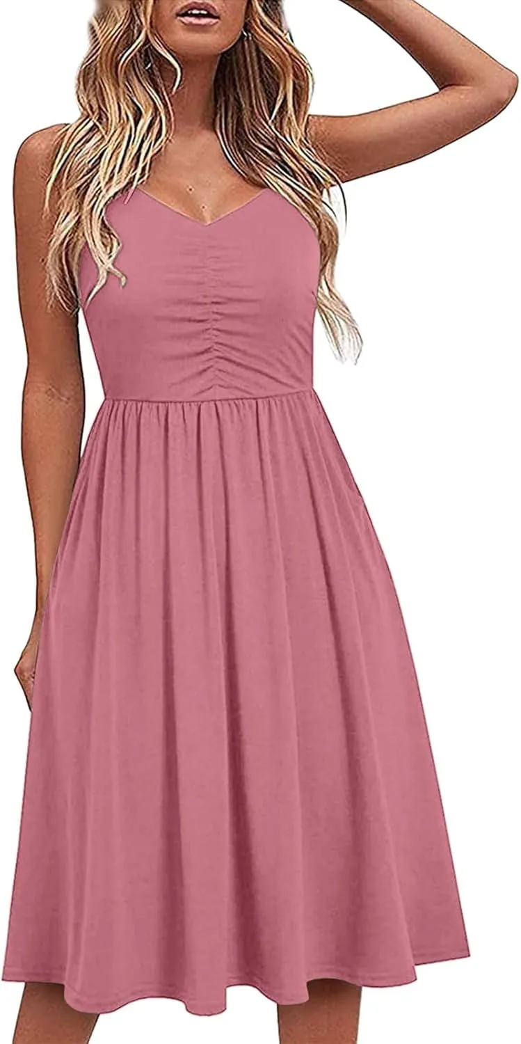 Midi Dresses for Women 2025 Summer Sleeveless V Neck Spaghetti Strap Beach Dress Casual Loose Swing Cute Sundresses