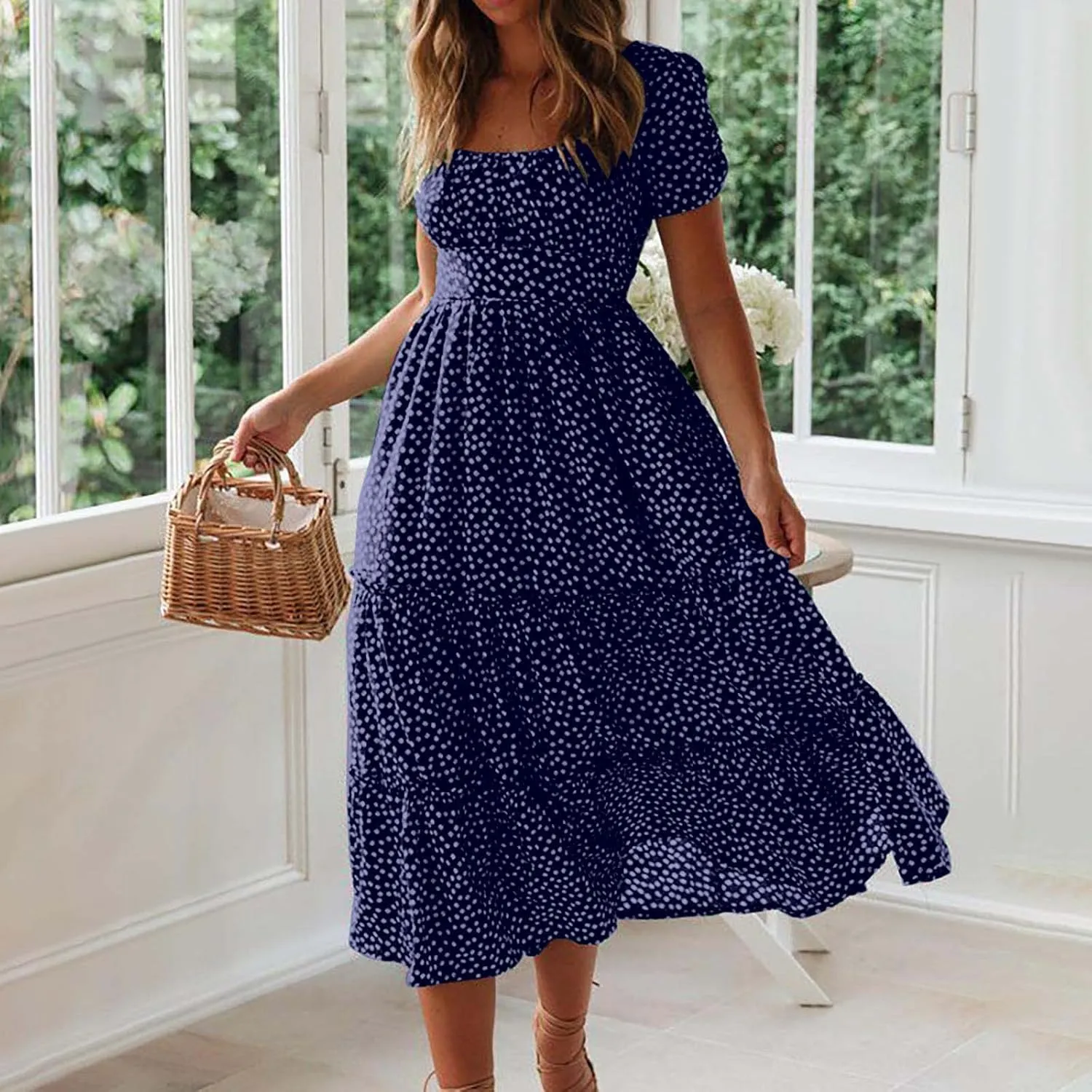 Midi Dresses for Women Floral Boho Beach Dress Casual Summer Sundresses High Waisted A Line Wedding Guest Party Dress