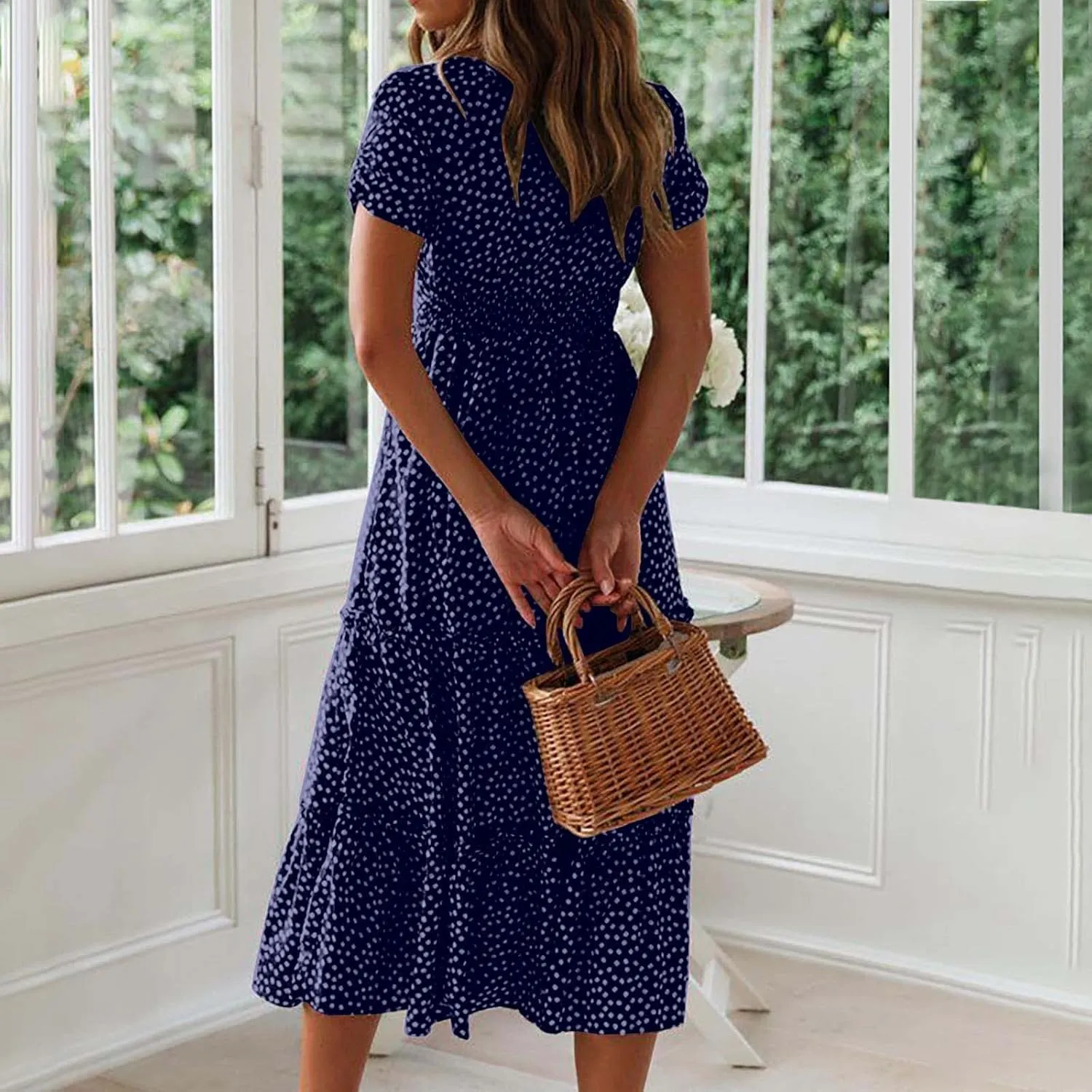 Midi Dresses for Women Floral Boho Beach Dress Casual Summer Sundresses High Waisted A Line Wedding Guest Party Dress
